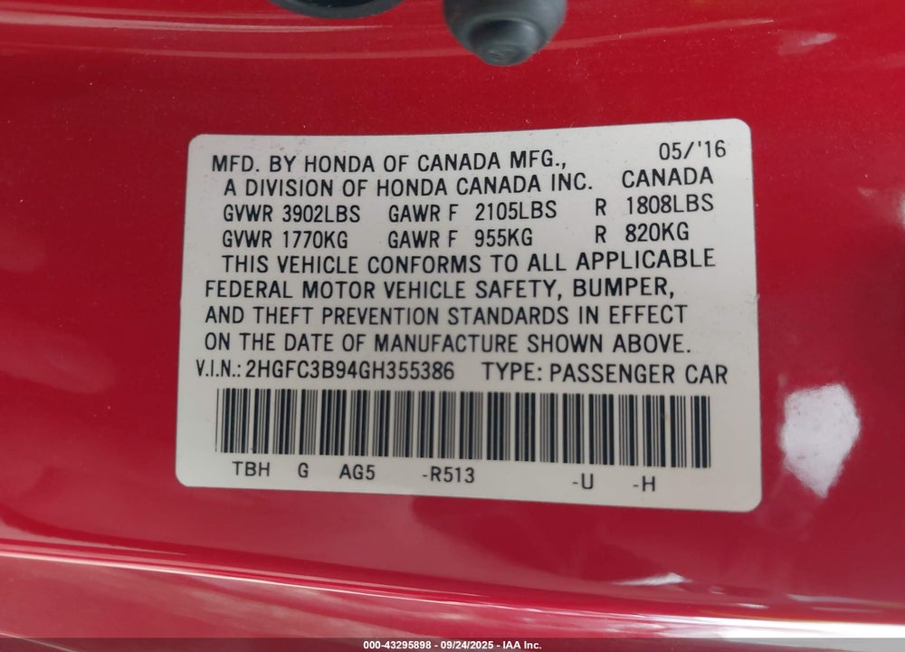 2016 HONDA CIVIC VIN: 2HGFC3B94GH355386