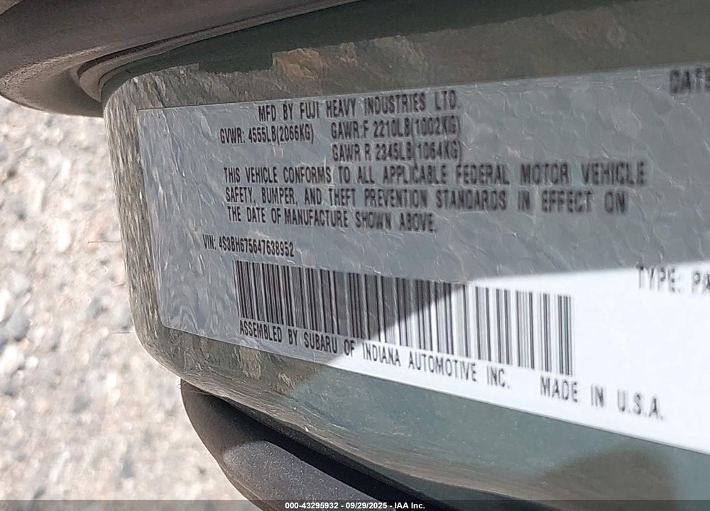 2004 SUBARU LEGACY VIN: 4S3BH675647638952