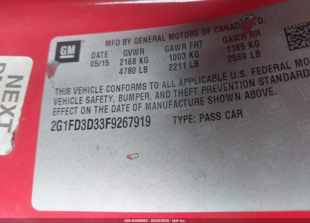 2015 CHEVROLET CAMARO VIN: 2G1FD3D33F9267919
