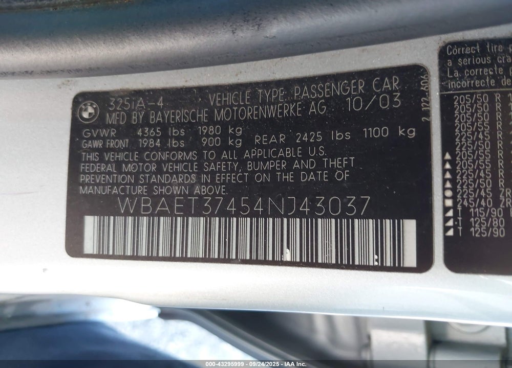 2004 BMW 325I VIN: WBAET37454NJ43037
