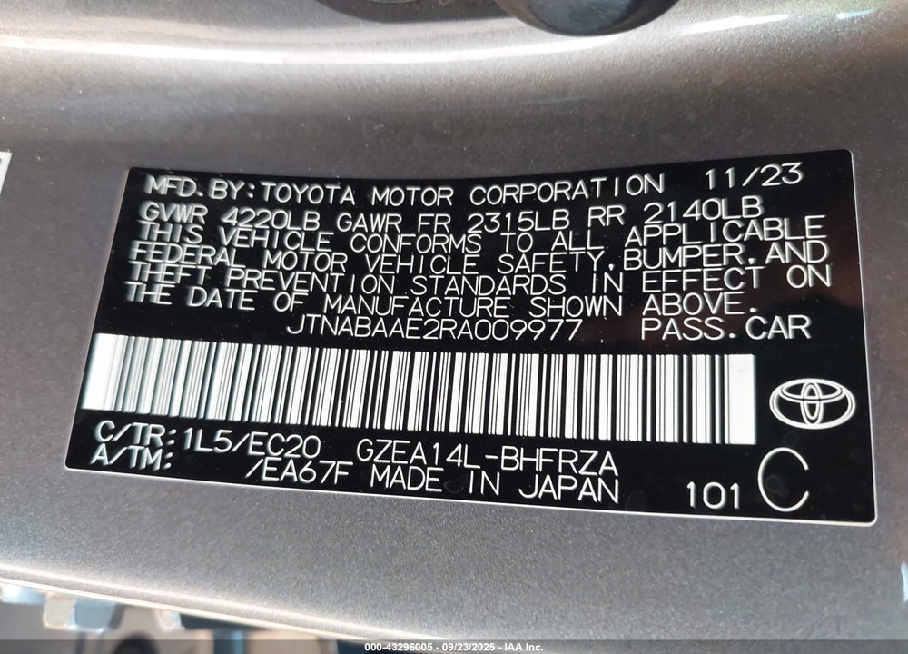 2024 TOYOTA GR COROLLA VIN: JTNABAAE2RA009977
