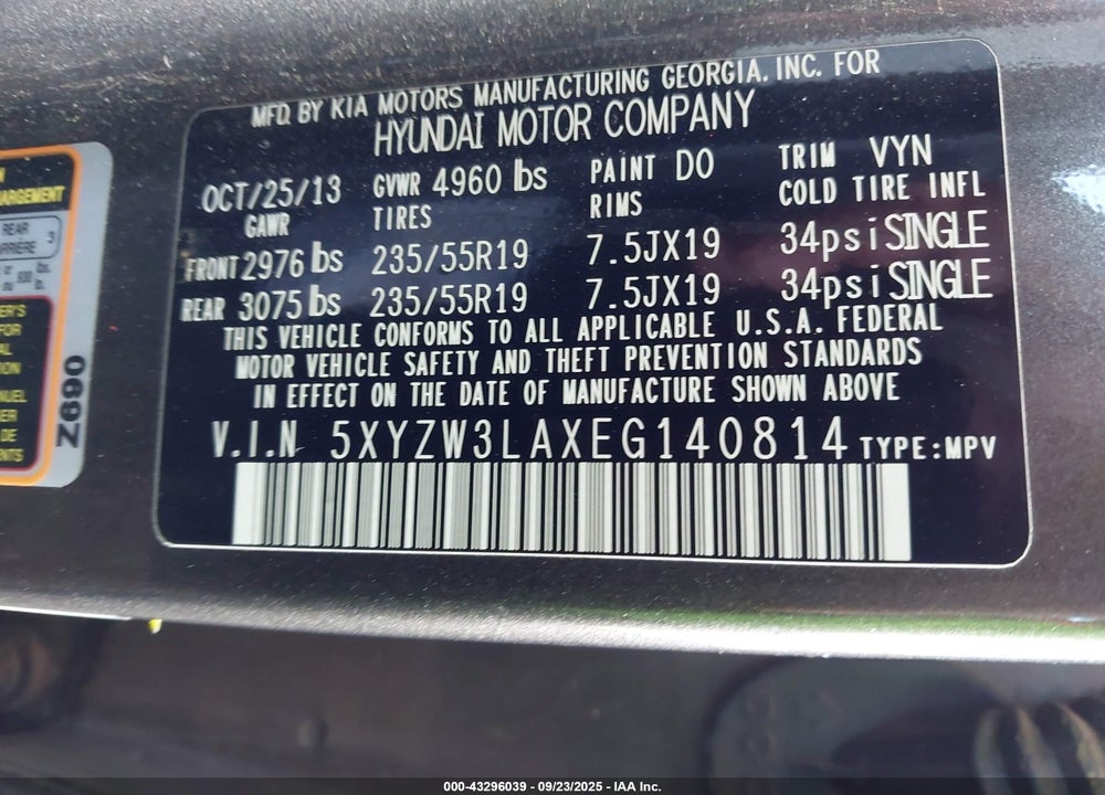 2014 HYUNDAI SANTA FE VIN: 5XYZW3LAXEG140814