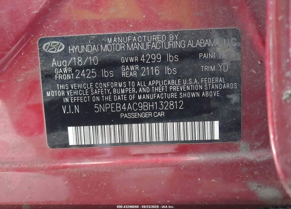 2011 HYUNDAI SONATA GLS VIN: 5NPEB4AC9BH132812