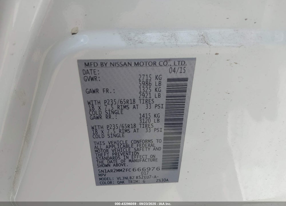 2015 NISSAN PATHFINDER VIN: 5N1AR2MM2FC666976