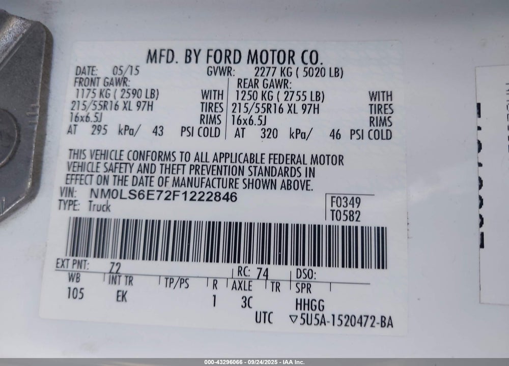 2015 FORD TRANSIT CONNECT XL VIN: NM0LS6E72F1222846