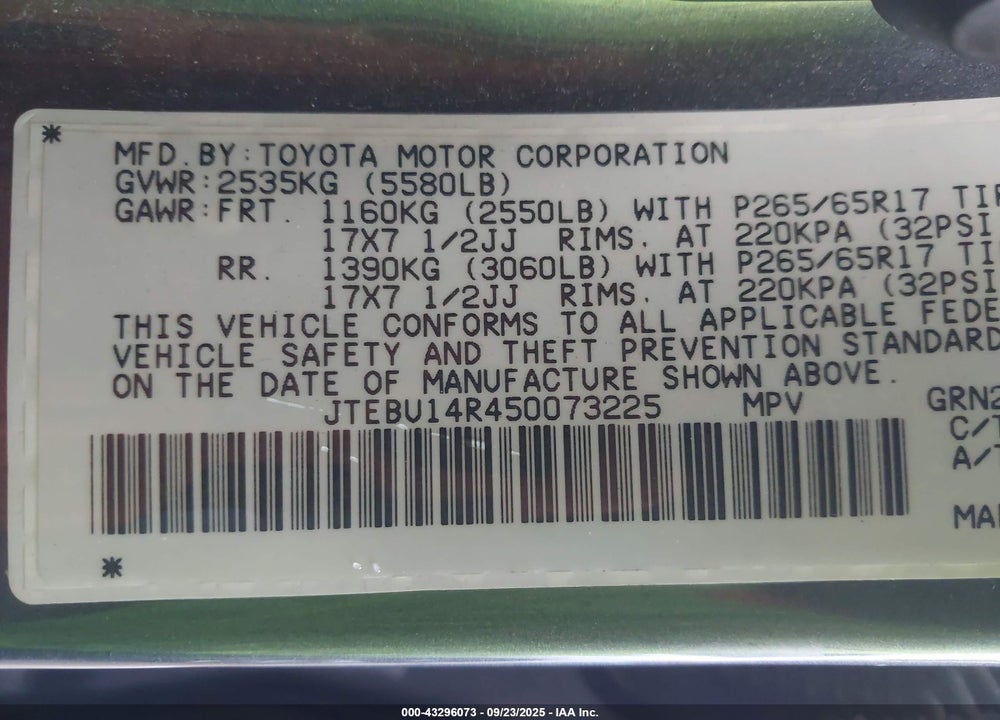 2005 TOYOTA 4RUNNER SR5 SPORT V6 VIN: JTEBU14R450073225
