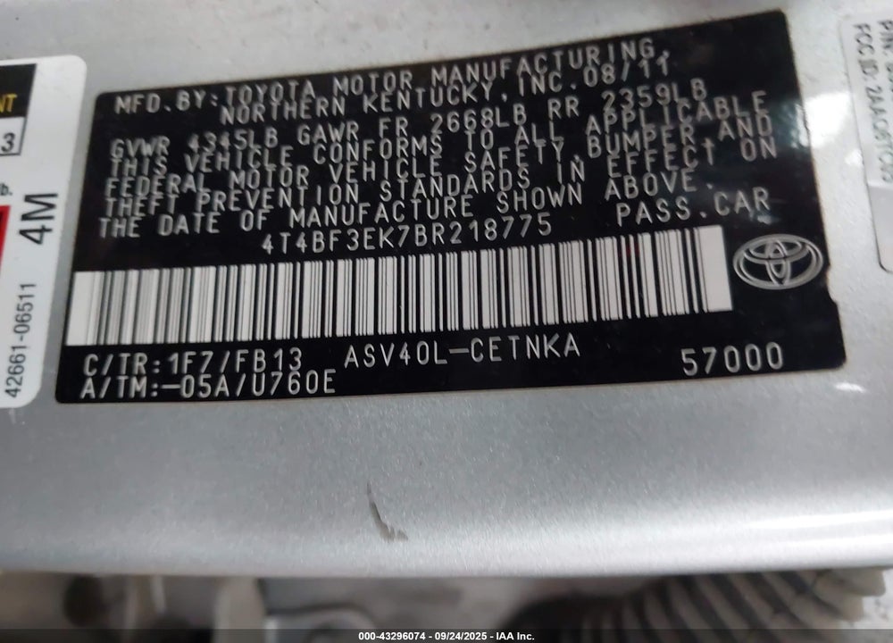 2011 TOYOTA CAMRY LE VIN: 4T4BF3EK7BR218775