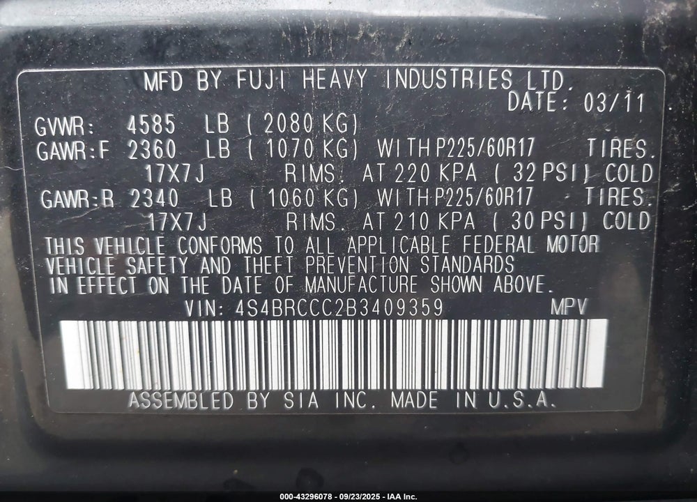 2011 SUBARU OUTBACK VIN: 4S4BRCCC2B3409359