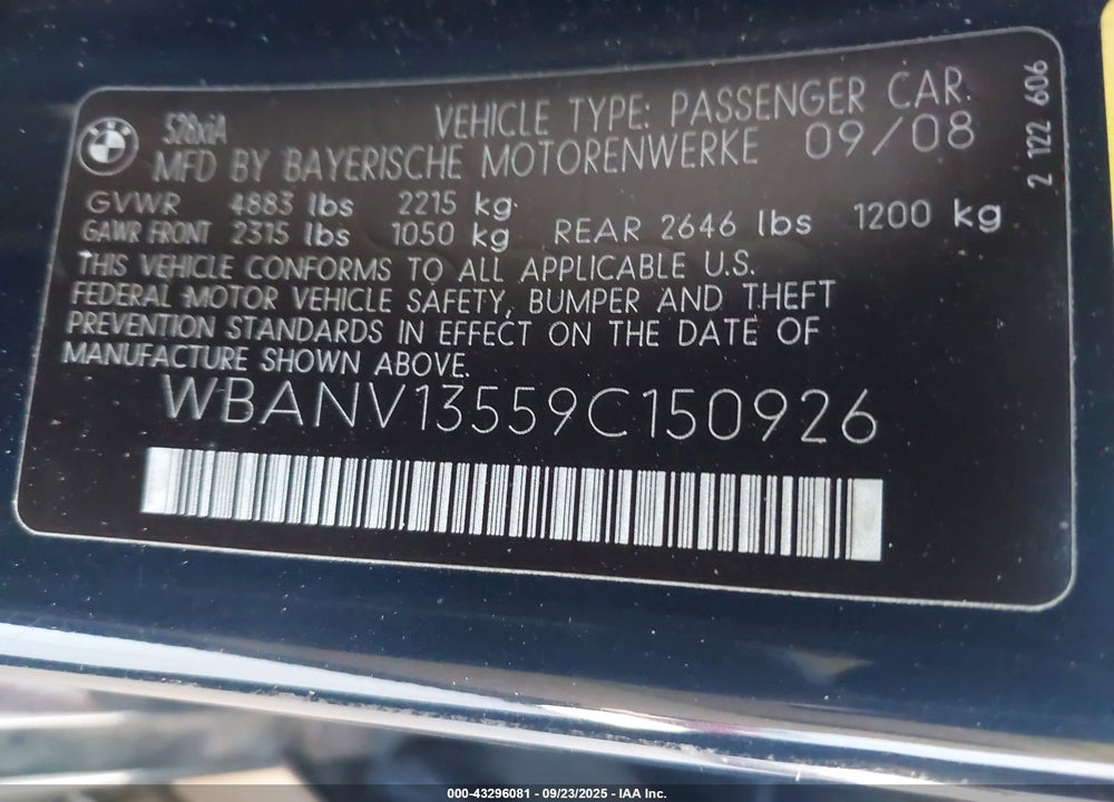 2009 BMW 528I XDRIVE VIN: WBANV13559C150926