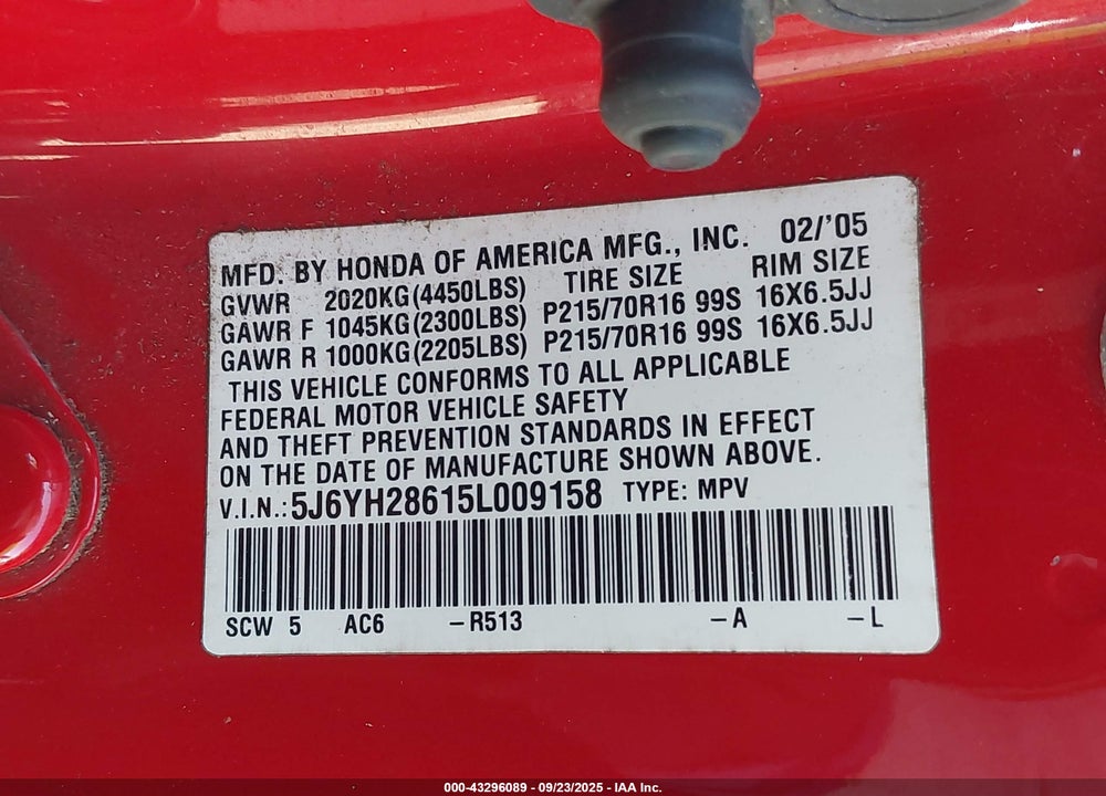 2005 HONDA ELEMENT EX VIN: 5J6YH28615L009158
