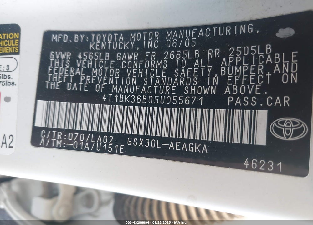 2005 TOYOTA AVALON XLS VIN: 4T1BK36B05U055671