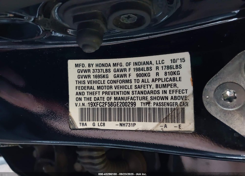 2016 HONDA CIVIC LX VIN: 19XFC2F58GE200299