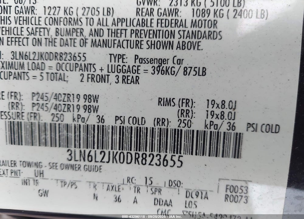 2013 LINCOLN MKZ VIN: 3LN6L2JK0DR823655