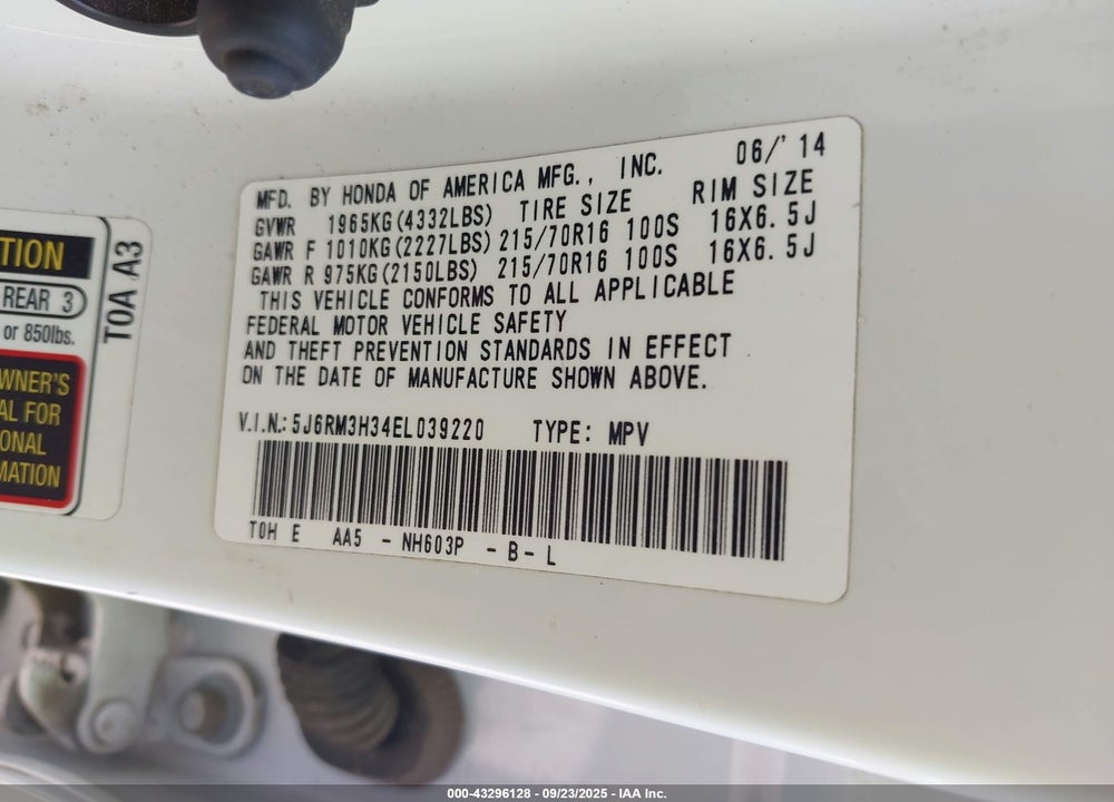 2014 HONDA CR-V LX VIN: 5J6RM3H34EL039220