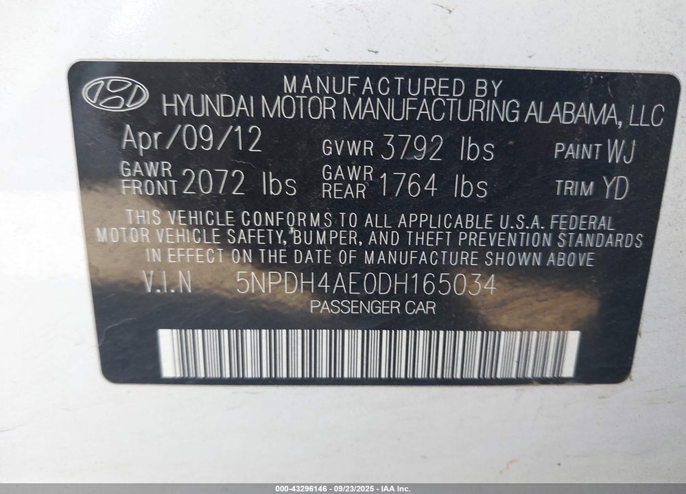 2013 HYUNDAI ELANTRA VIN: 5NPDH4AE0DH165034
