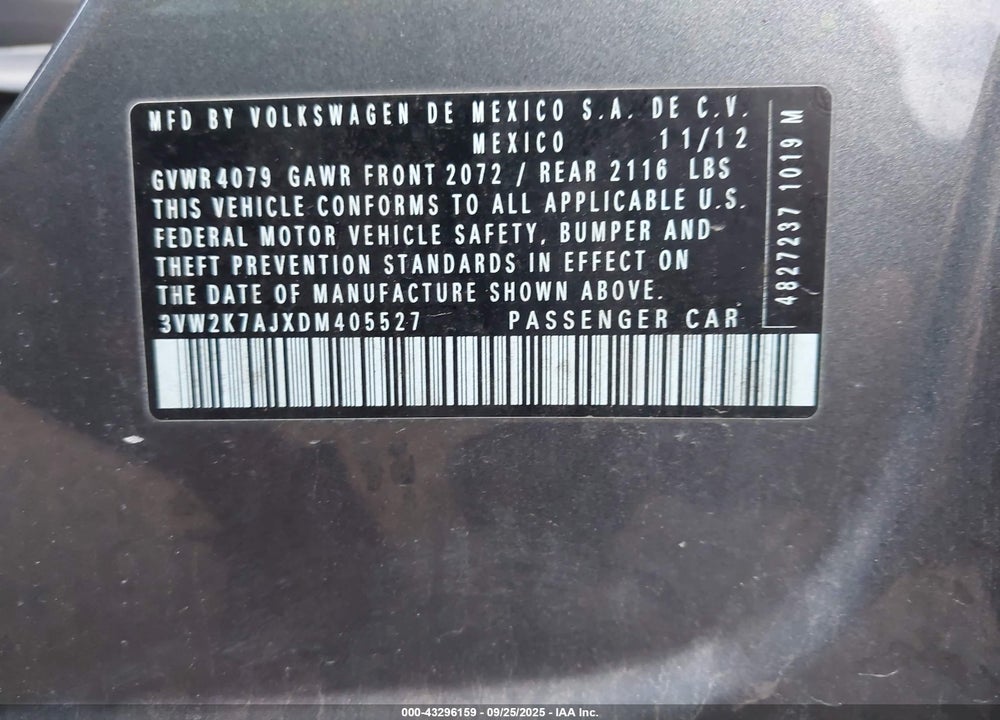 2013 VOLKSWAGEN JETTA VIN: 3VW2K7AJXDM405527