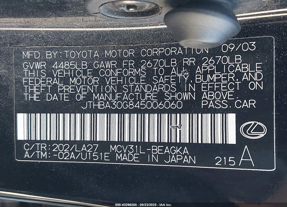 2004 LEXUS ES 330 VIN: JTHBA30G845006060