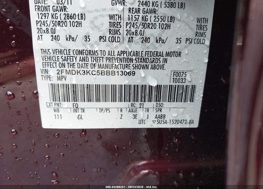 2011 FORD EDGE VIN: 2FMDK3KC5BBB13069