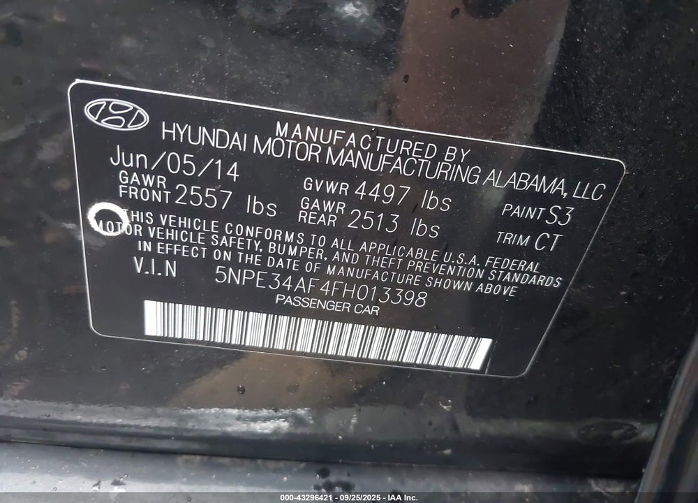 2015 HYUNDAI SONATA LIMITED VIN: 5NPE34AF4FH013398