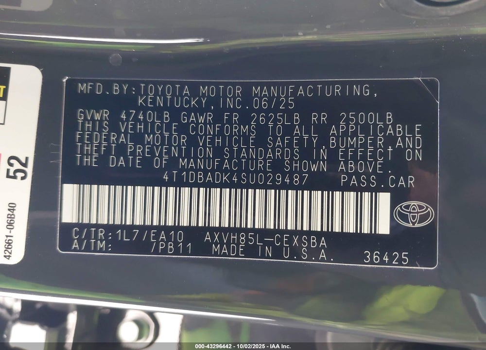 2025 TOYOTA CAMRY VIN: 4T1DBADK4SU029487