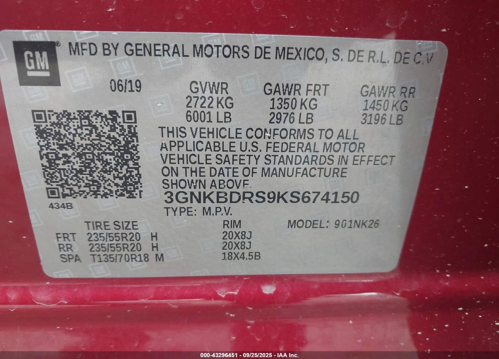 2019 CHEVROLET BLAZER VIN: 3GNKBDRS9KS674150