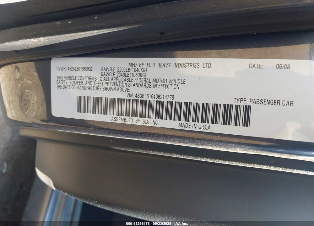 2009 SUBARU LEGACY VIN: 4S3BL616496214778