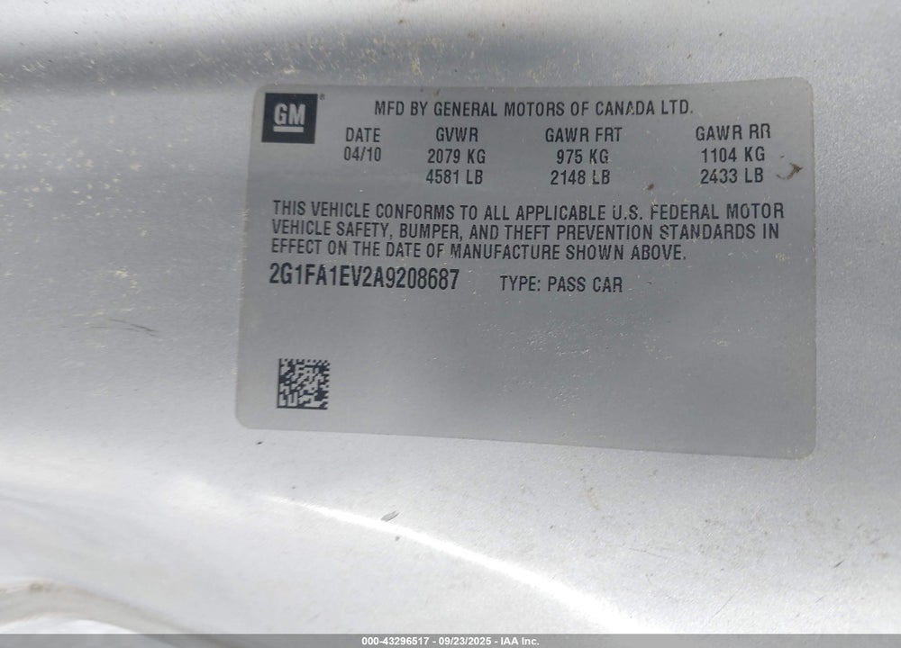 2010 CHEVROLET CAMARO VIN: 2G1FA1EV2A9208687