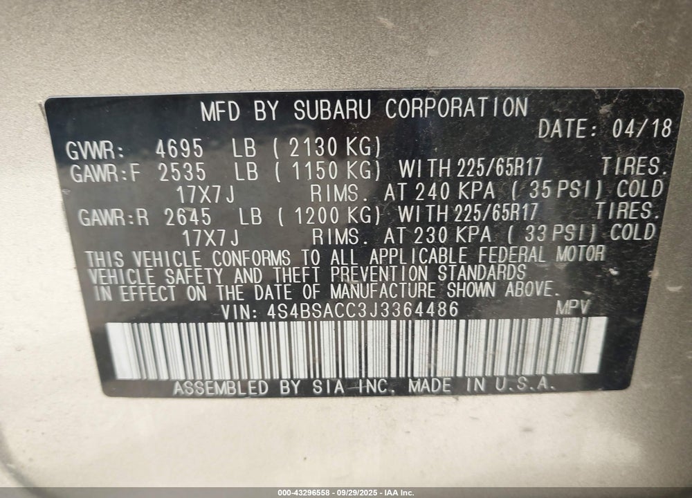2018 SUBARU OUTBACK VIN: 4S4BSACC3J3364486
