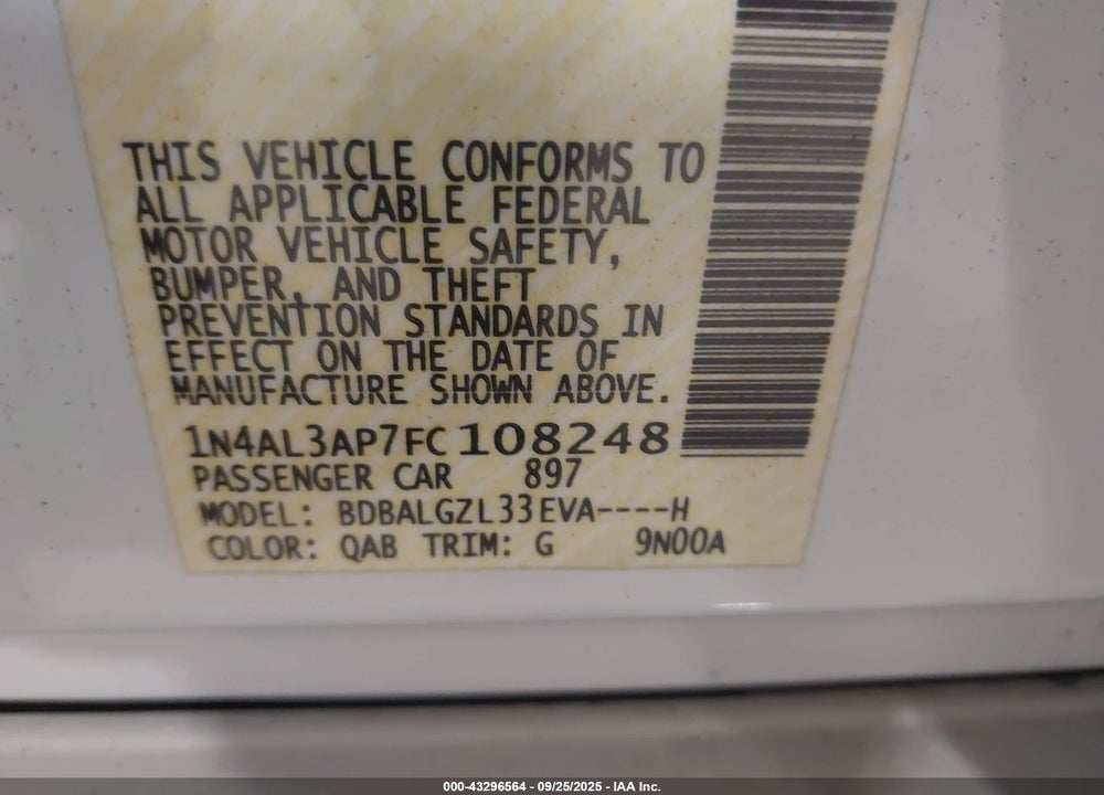 2015 NISSAN ALTIMA VIN: 1N4AL3AP7FC108248
