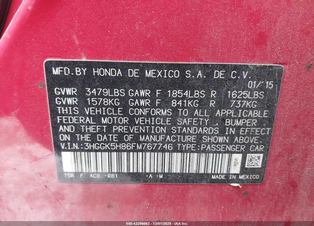 2015 HONDA FIT VIN: 3HGGK5H86FM767746