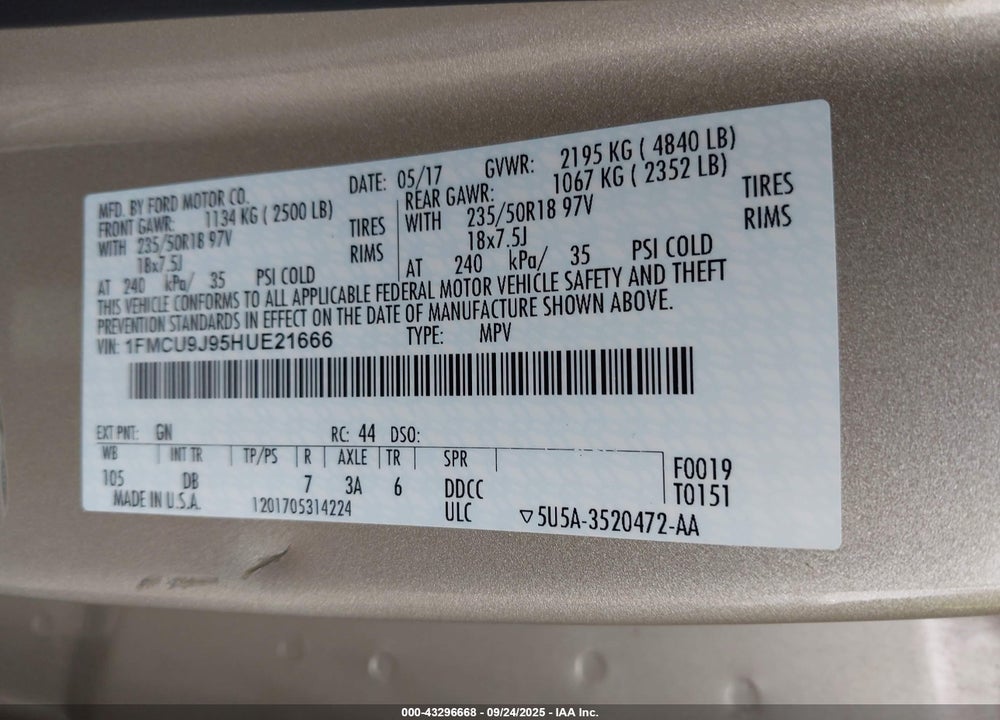2017 FORD ESCAPE VIN: 1FMCU9J95HUE21666