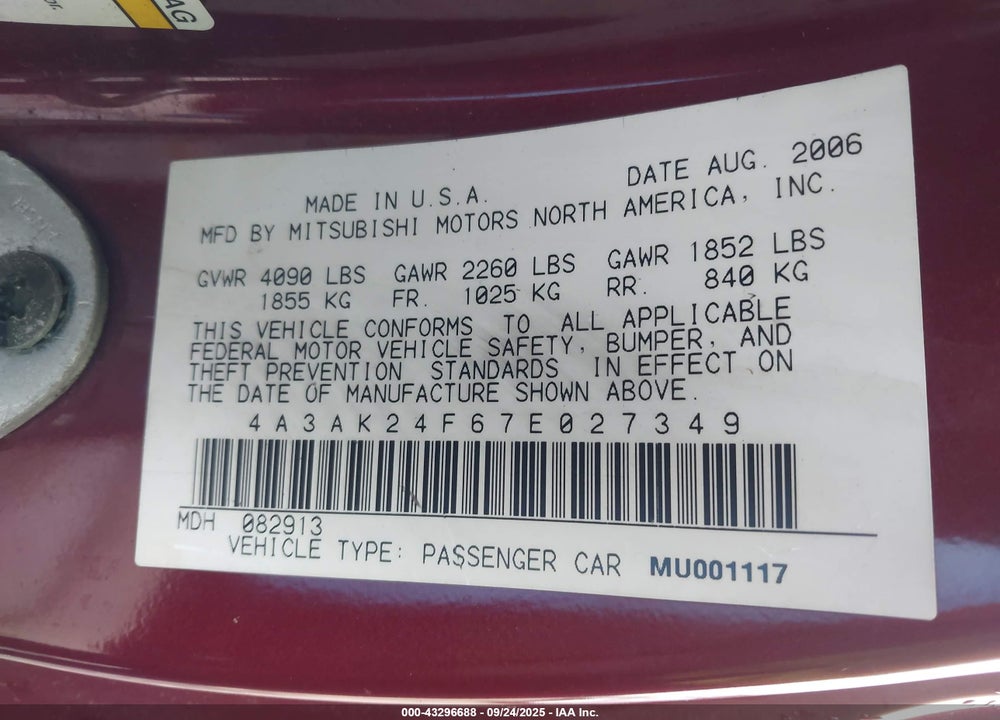 2007 MITSUBISHI ECLIPSE VIN: 4A3AK24F67E027349