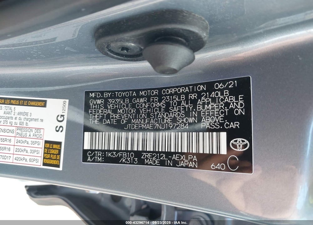 2022 TOYOTA COROLLA LE VIN: JTDEPMAE7NJ197284
