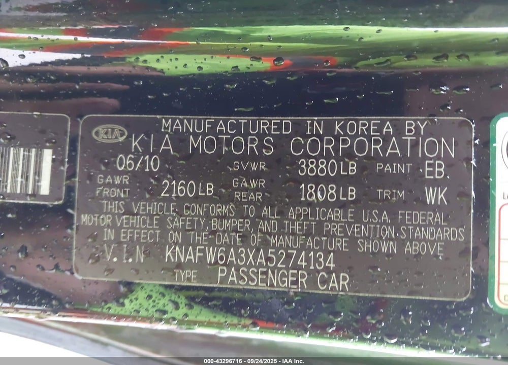 2010 KIA FORTE VIN: KNAFW6A3XA5274134