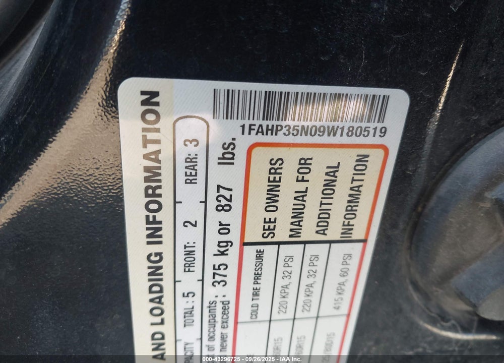 2009 FORD FOCUS VIN: 1FAHP35N09W180519