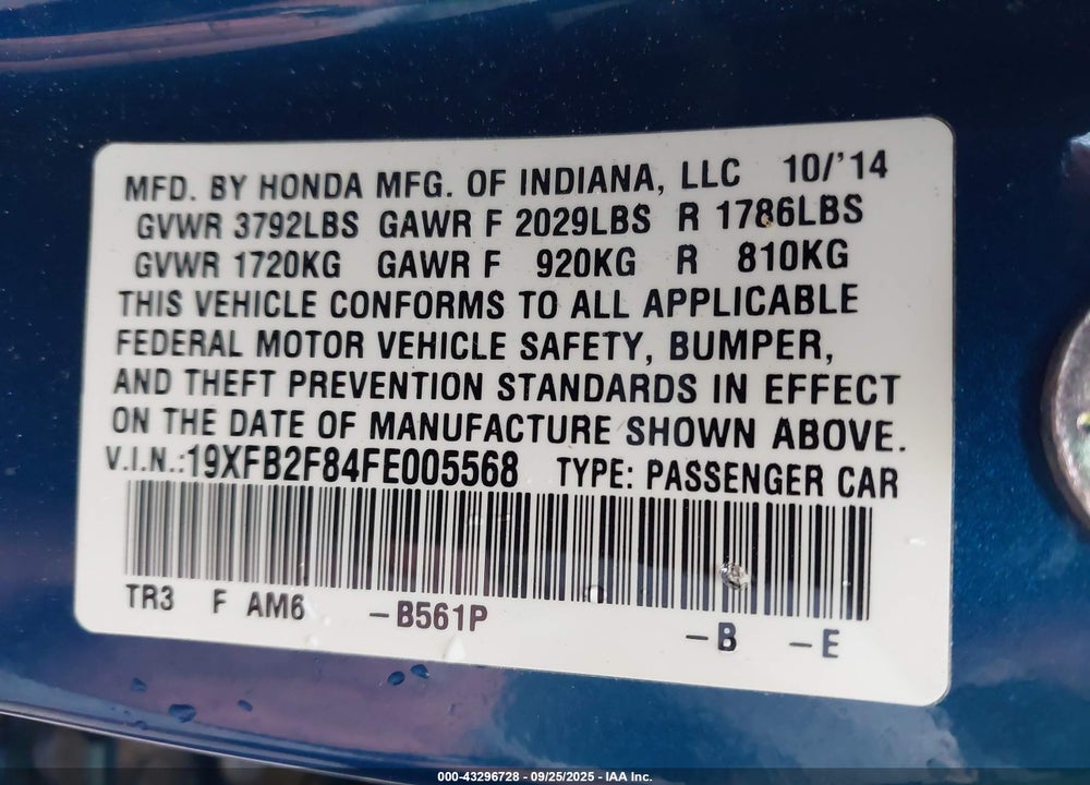 2015 HONDA CIVIC EX VIN: 19XFB2F84FE005568