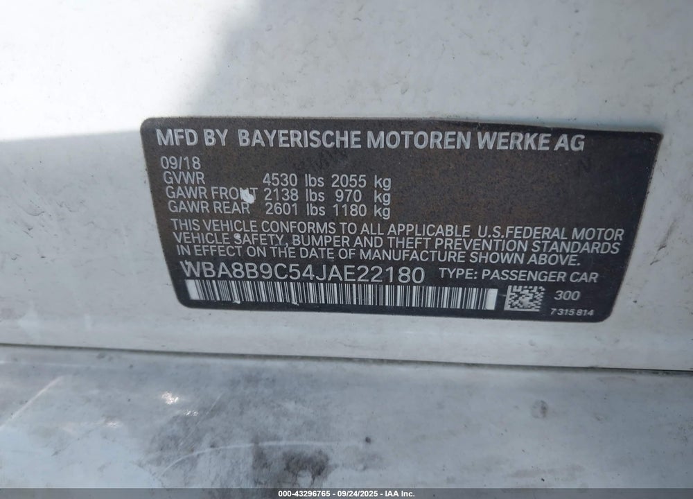 2018 BMW 330I VIN: WBA8B9C54JAE22180
