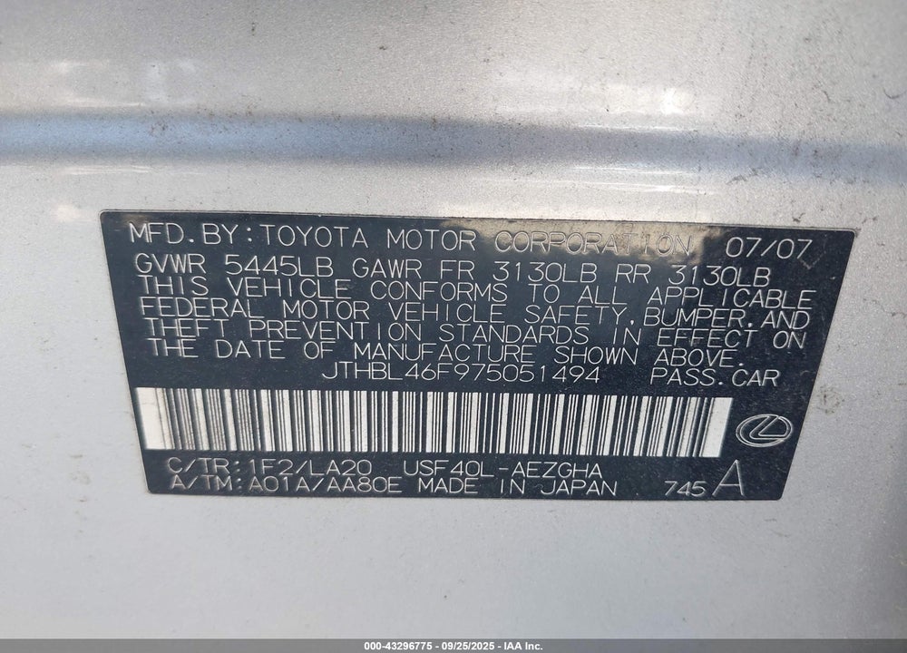 2007 LEXUS LS 460 VIN: JTHBL46F975051494