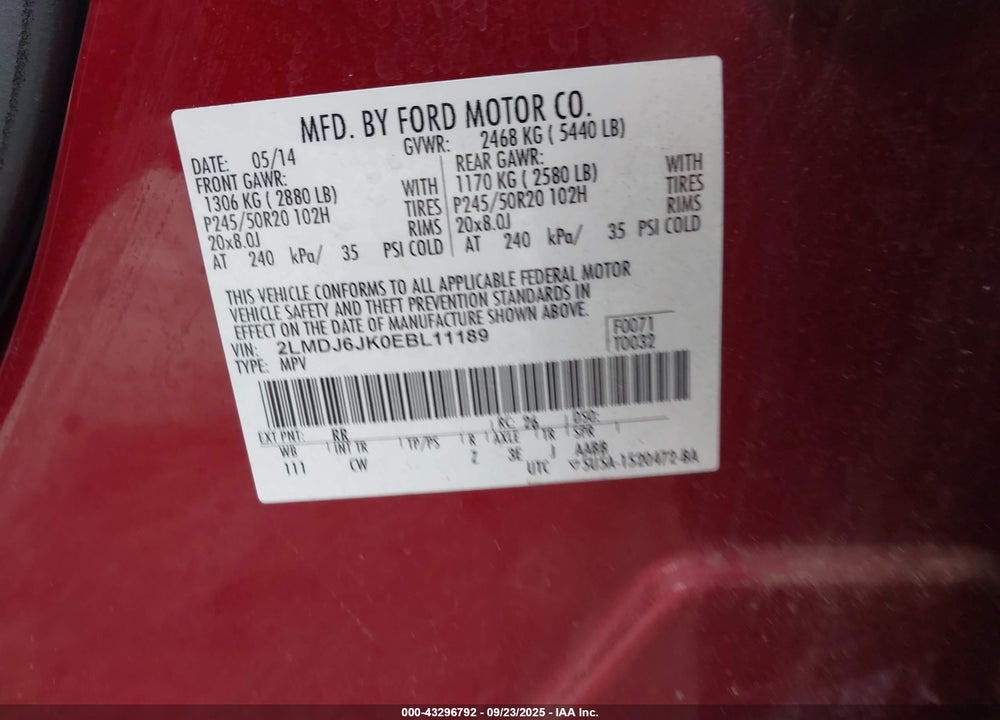 2014 LINCOLN MKX VIN: 2LMDJ6JK0EBL11189