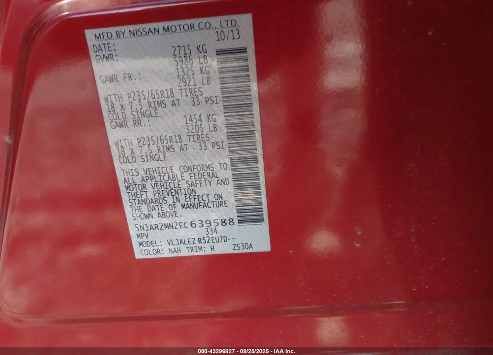 2014 NISSAN PATHFINDER VIN: 5N1AR2MN2EC639588