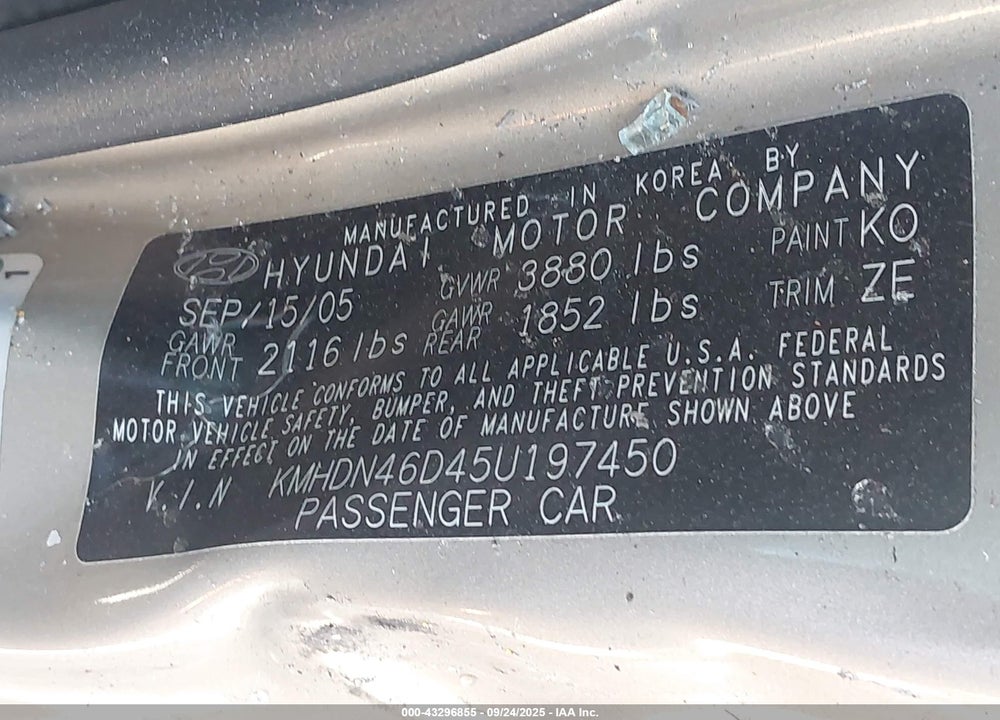 2005 HYUNDAI ELANTRA VIN: KMHDN46D45U197450
