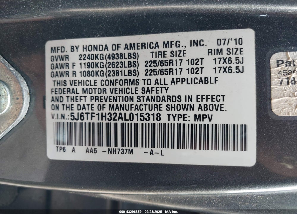 2010 HONDA ACCORD CROSSTOUR EX VIN: 5J6TF1H32AL015318