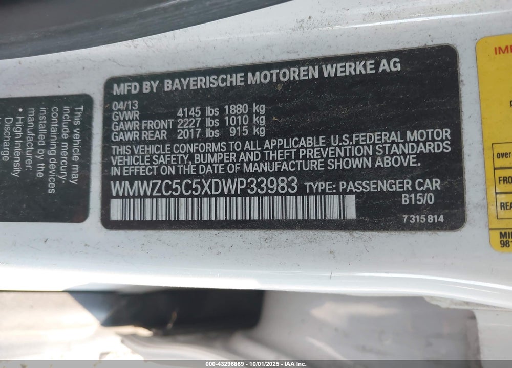 2013 MINI COUNTRYMAN VIN: WMWZC5C5XDWP33983