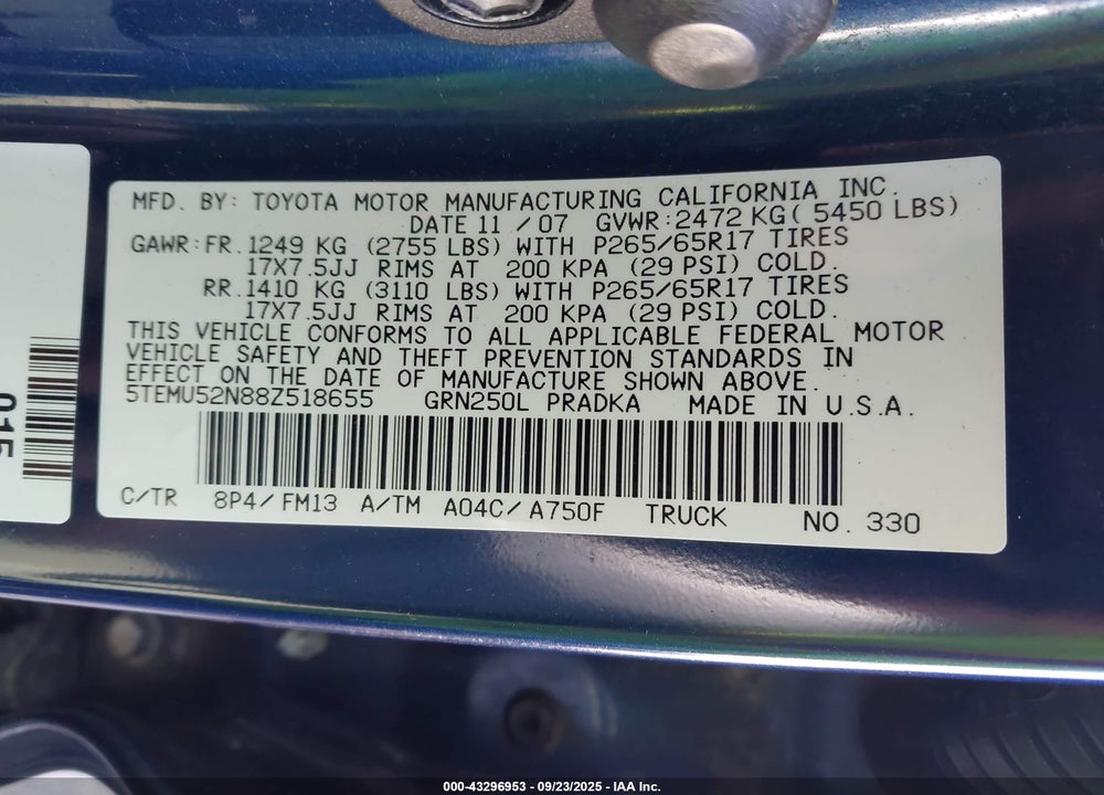 2008 TOYOTA TACOMA BASE V6 VIN: 5TEMU52N88Z518655