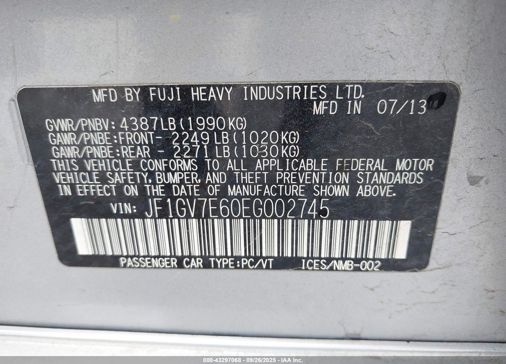 2014 SUBARU IMPREZA WRX VIN: JF1GV7E60EG002745