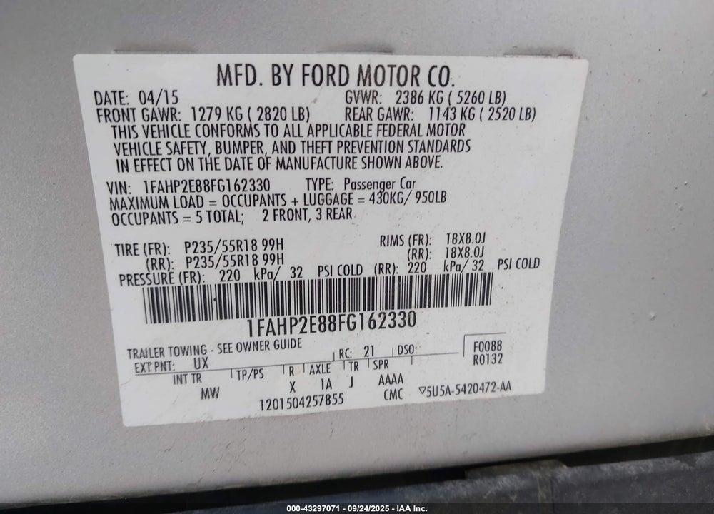 2015 FORD TAURUS VIN: 1FAHP2E88FG162330