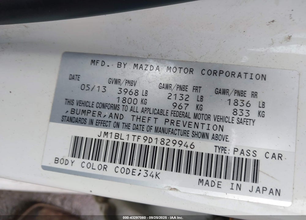 2013 MAZDA 3 I SV VIN: JM1BL1TF9D1829946