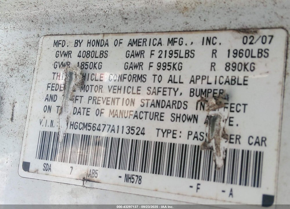 2007 HONDA ACCORD VIN: 1HGCM56477A113524
