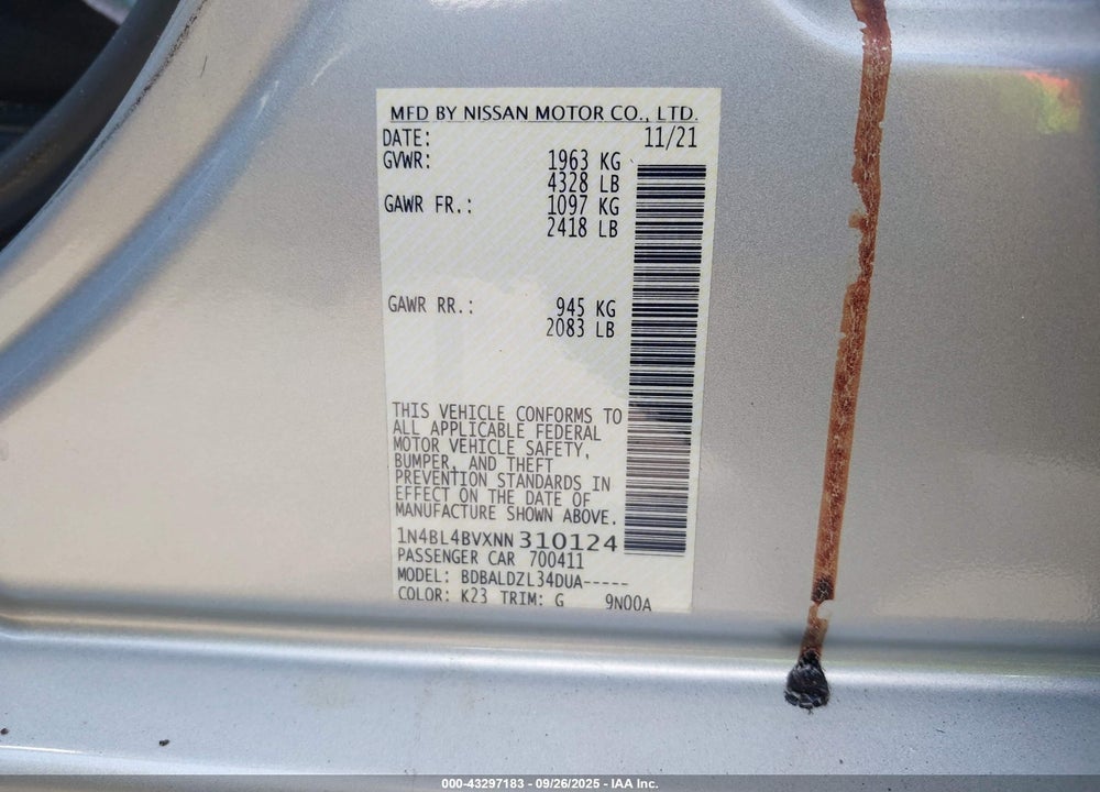 2022 NISSAN ALTIMA S FWD VIN: 1N4BL4BVXNN310124