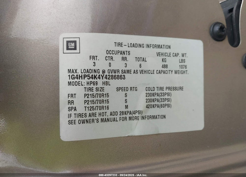2000 BUICK LESABRE CUSTOM VIN: 1G4HP54K4Y4286863